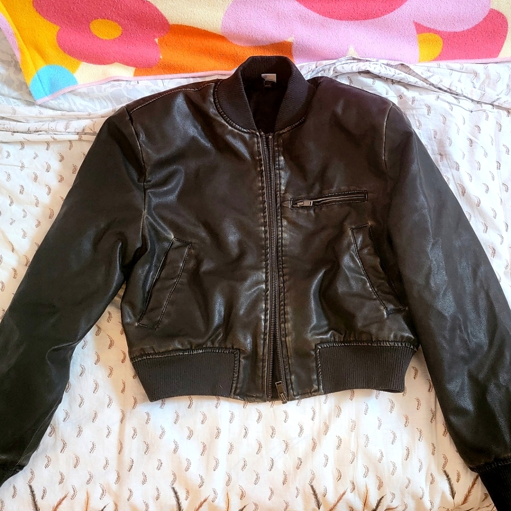 H&M Black Leather Bomber Jacket